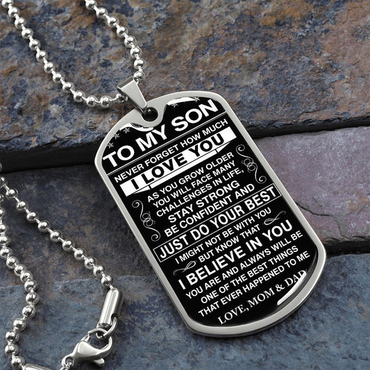 To My Son - Never Forget How Much I love You - Dog Tag - Military Ball Chain - Mom & Dad
